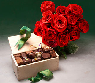 One Dozen Roses with 32 piece L.A. Burdick Chocolates