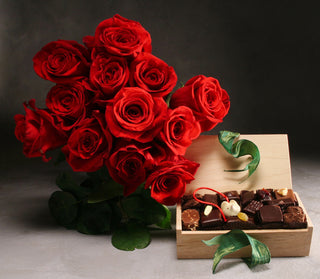 Dozen Valentine Red Roses with 16 piece L.A. Burdick Chocolates