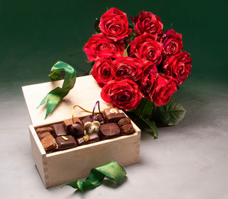 One Dozen Roses with 32 piece L.A. Burdick Chocolates